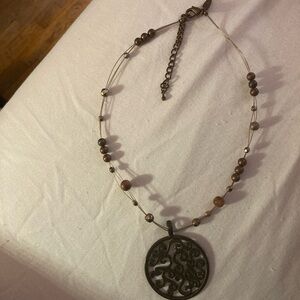 Brown Bead Necklace with Filigree Round Pendant